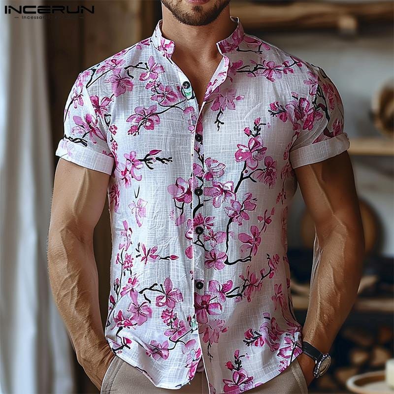INCERUN Tops 2024 American Style Fashion Men's Floral Print Shirt Casual Streetwear Personality Short Sleeved Lapel Blouse S-5XL