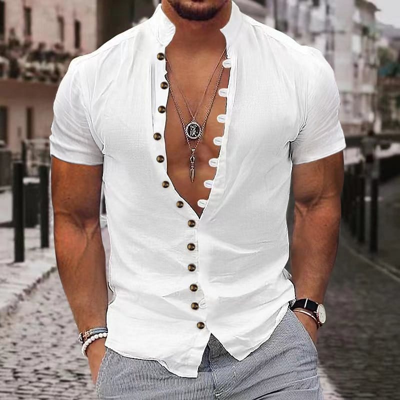 Summer fashion European and American style casual men's retro cotton and linen button-up collar short-sleeved shirt top