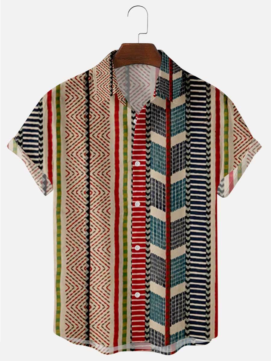 Striped Lapel Top Breathable Short Sleeved Shirt Summer Men's Fashion Hawaii Vacation Beach Casual Loose Fitting Shirt