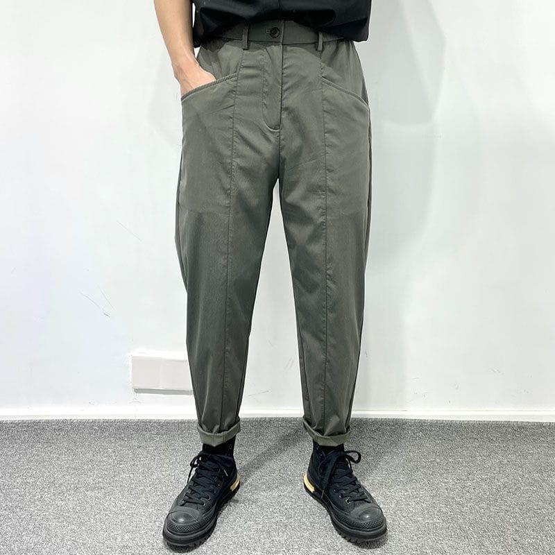 Harajuku Simplicity Summer Ice Silk Thin Men's Solid Pocket Elastic Waist Zipper Trend Versatile Casual Loose Haren Cargo Pants