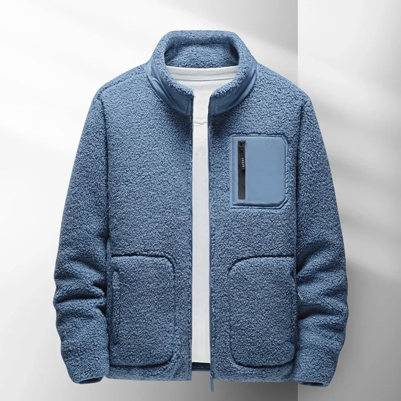 Autumn and Winter Men's Lamb Fleece Jacket  Simple and Fashionable Multi Pocket Design Plush Coat Outdoor Warm Cotton Jacket