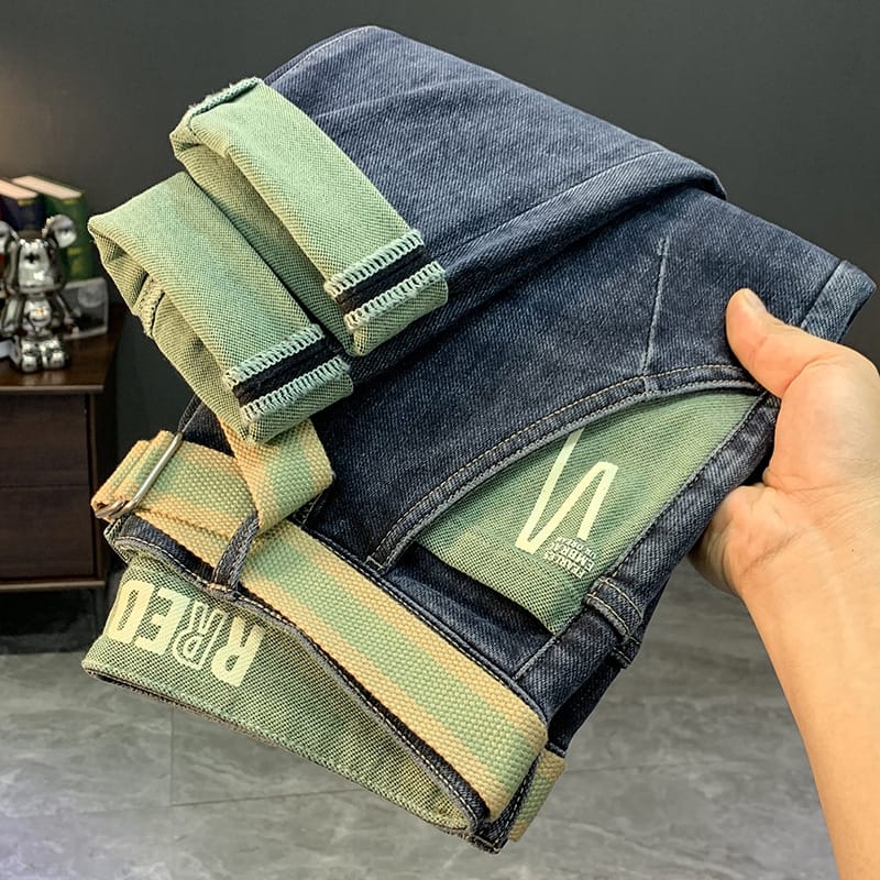 Autumn and Winter Jeans Men's New Fashion Ins Printed Skinny Tappered Pants Fleece-lined Thickened Pencil Pants Trousers