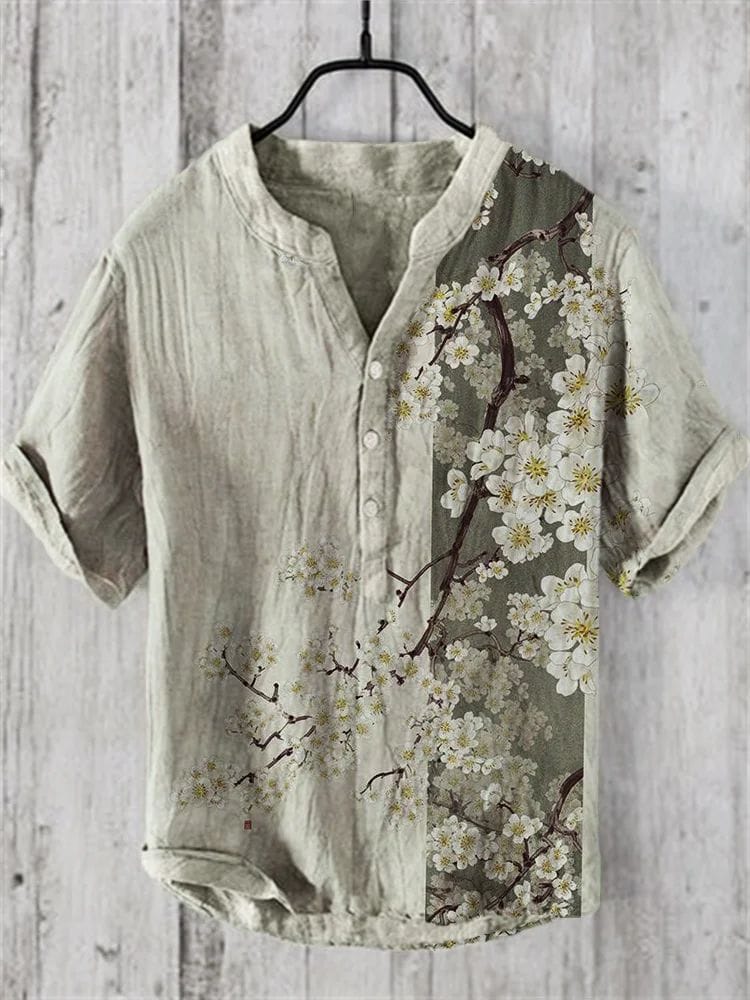 Forest style retro floral short sleeved shirt for men's 2024 summer new high-end casual oversized college style linen V-neck top
