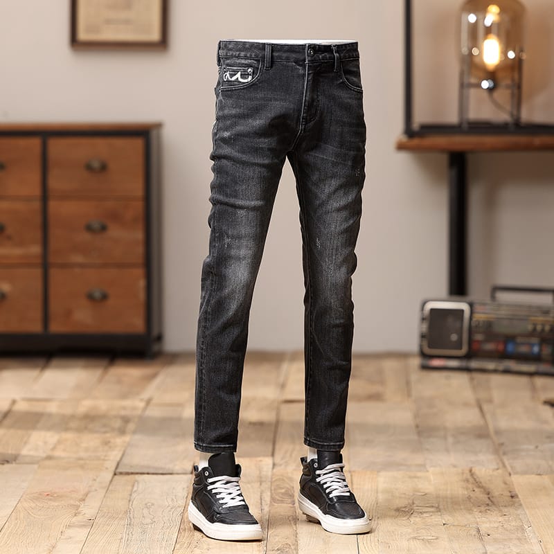 Trendy Fashion Men's Jeans Straight Skinny Versatile Embroidered Washed High-End Youth Daily Work Autumn and Winter Pants