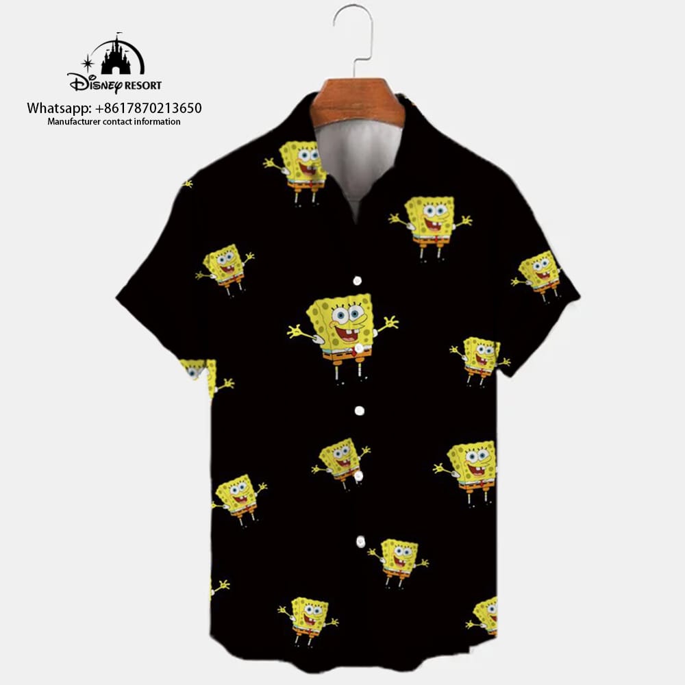 Men's Lapel Short Sleeve Single Breasted Shirt Summer Spongebob Pattern Print New Harajuku Casual Street Trend Versatile Top