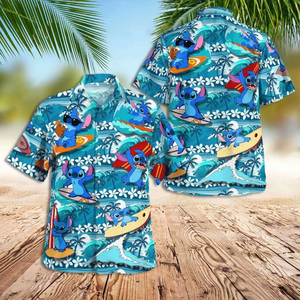 Disney Stitch And Lilo Surf Hawaiian Shirt For Men's Hawaiian Shirt Casual Summer Stitch Men Women Short Sleeve Button Up Shirt