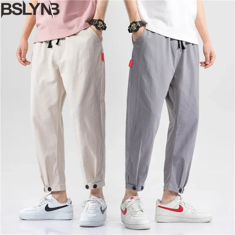 New Men's Solid Color Casual Cotton Linen Trousers Loose Straight Casual All-match Trousers Male Fashion Outdoor Sports Pants