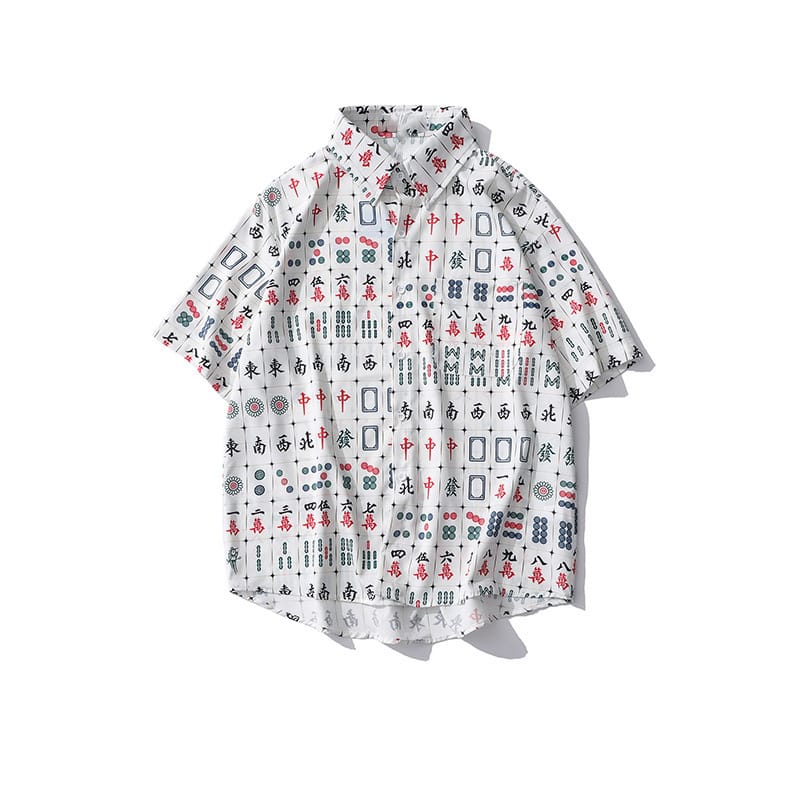 Europe American Street Retro Fun Printed Short Sleeved Shirt Men's Trendy Loose BF Casual Half Sleeved Shirts Poker Mahjong Tops