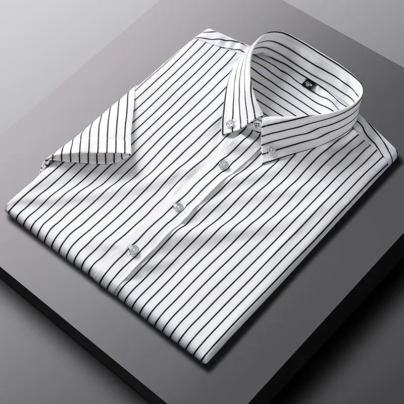 2024 Summer Soft Business Men's Dress Shirt Short Sleeve Strech Striped Shirts for Men Casual Regular Fit no Front Pocket