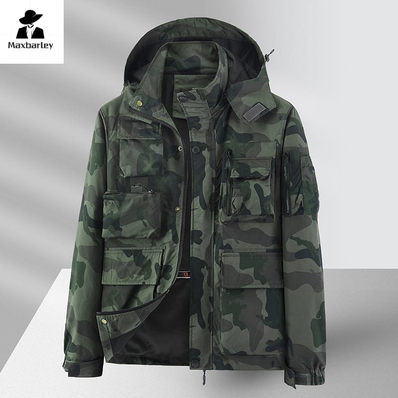 Men's Waterproof Jacket Hiking Hunting Windshield Autumn Camouflage Husband Men Windbreaker Hood Coat pocket Male Jacket 5XL