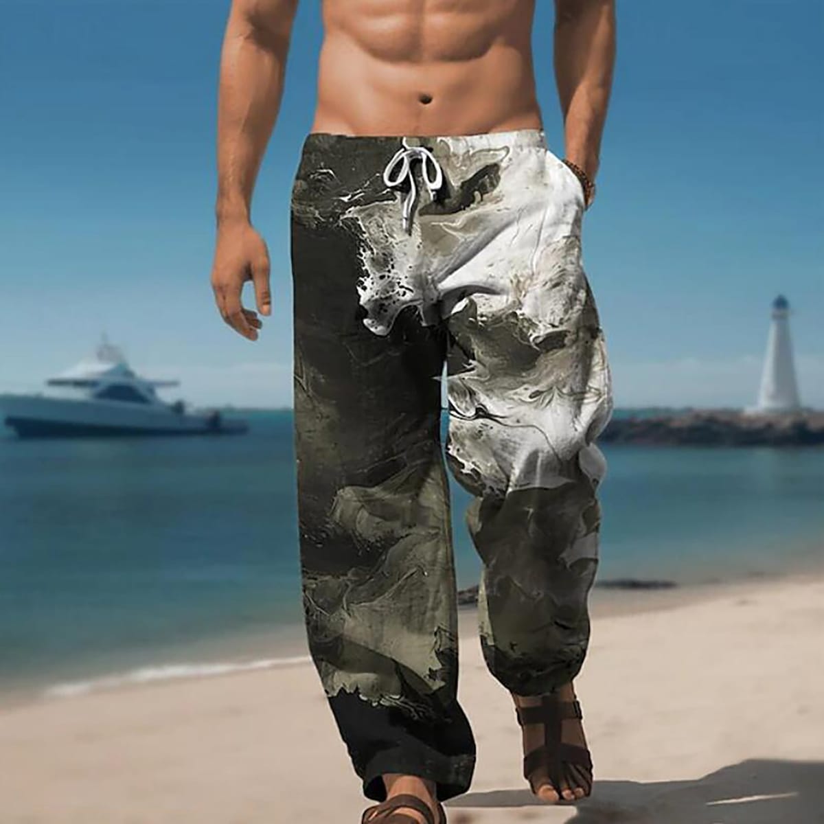 Men's Resort 3D Printed Casual Pants Trousers Elastic Waist Drawstring Loose Fit Straight Leg Summer Beach Pants Little L
