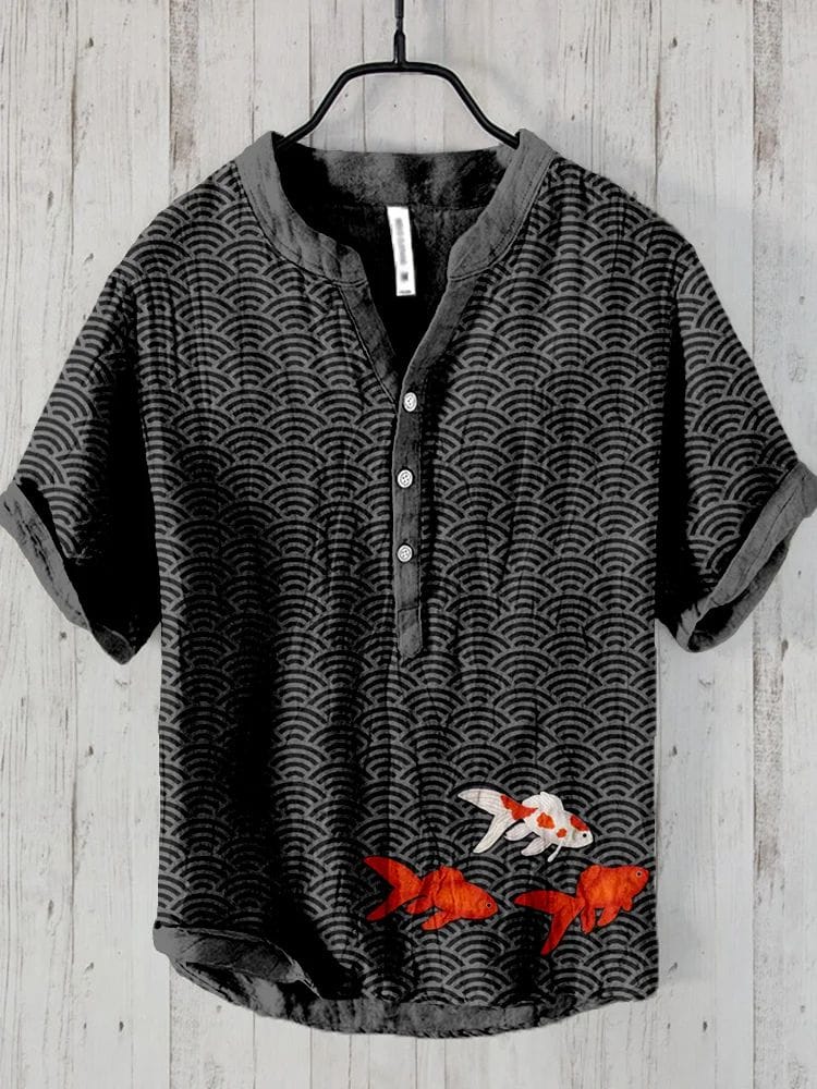 New Chinese style linen short sleeved shirt for men's summer minimalist Chinese style printed men's top wholesale