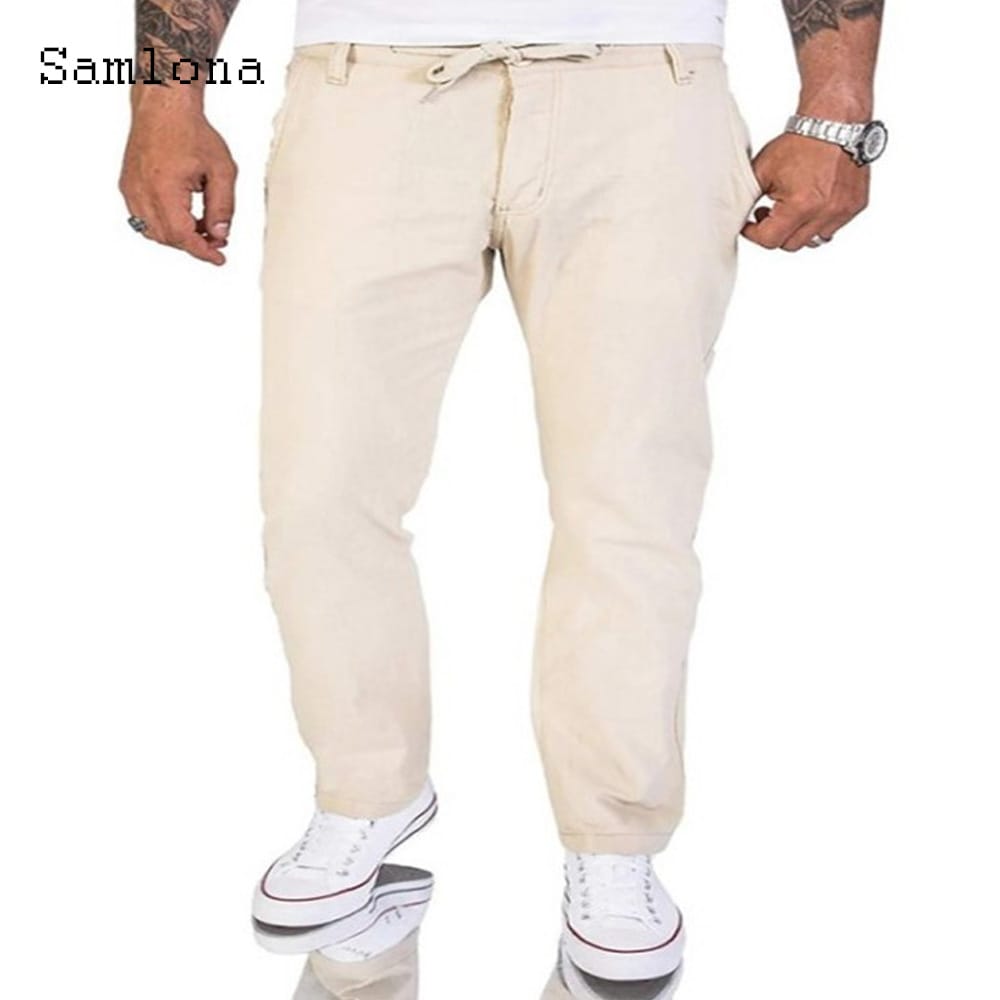 Samlona 2023 Men's Pocket Linen Pants Solid Drawstring Loose Straight Leg Trousers Plus Size 3xl Mens Fashion Leisure Sweatpants