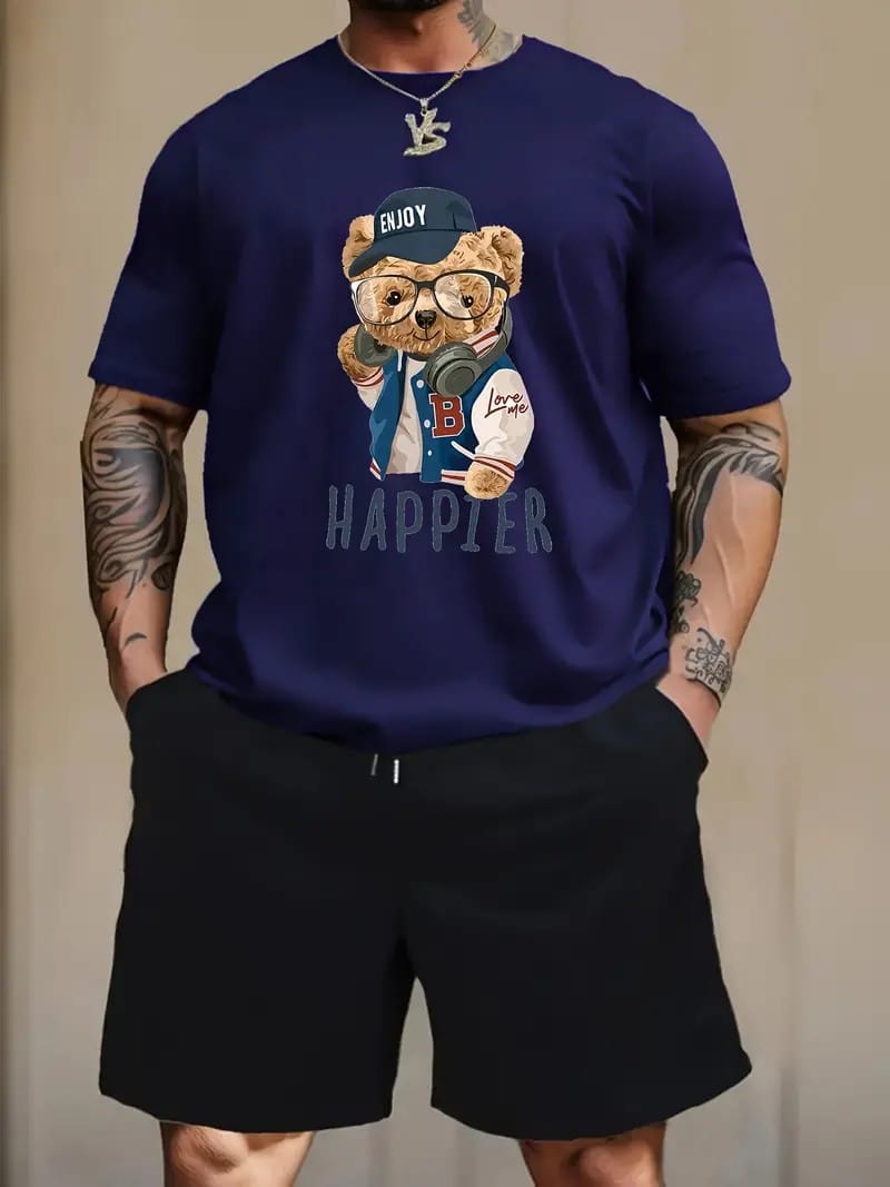 Mens Street Short Sleeve Shorts Suit Trendy Bear Printed Loose Plus Size Mens Casual Men's Suit Quick Dry Plus Size Men's Suit