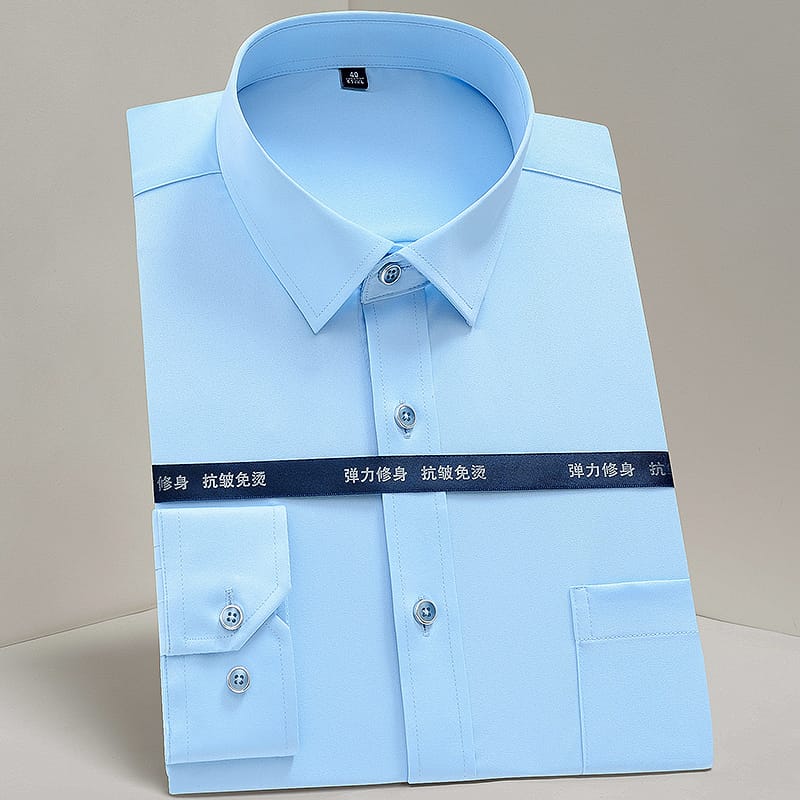 Men's Slim Fit Long Sleeve Formal Shirt with Pocket - Slight Stretch, Single Breasted, Hand Washable, Ideal for Mature Occasions
