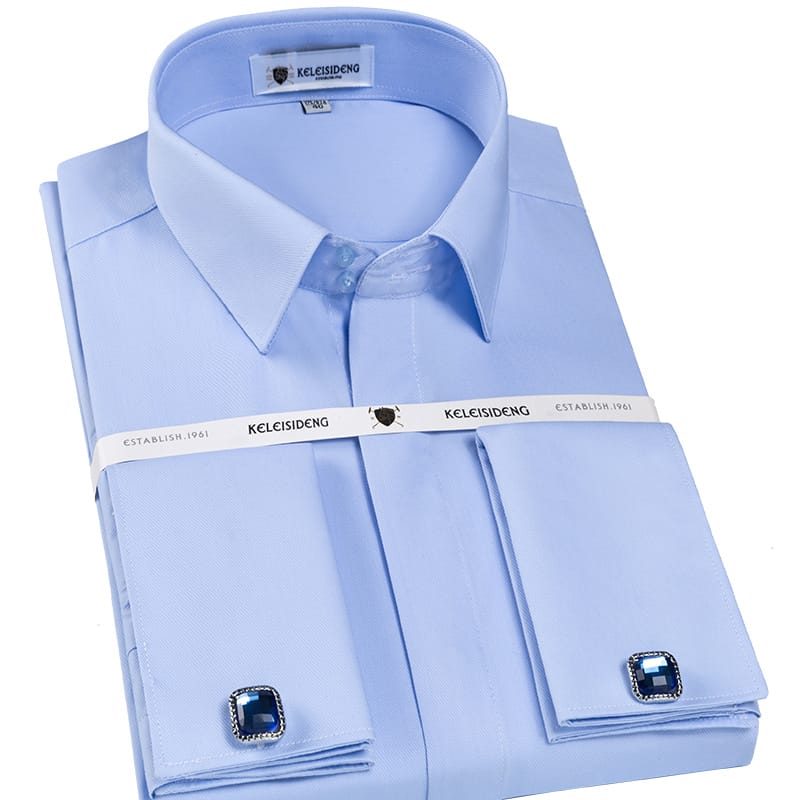 French Cufflink Men's Dress Shirts Covered Button Long Sleeve Slim Fit Designer Quality Formal Tuxedo Dress Shirt