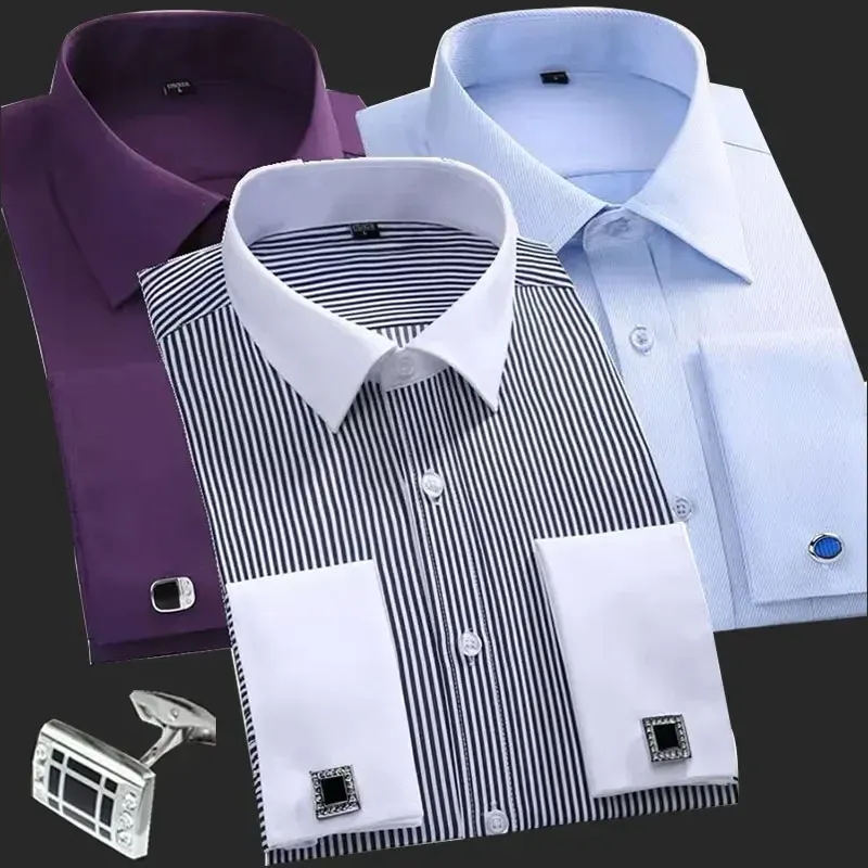 New M~6XL Cotton Men's French Cuffs Business Long Sleeve Shirt Stripes Comfortable Standard Elegant Formal Shirts Cufflink Top