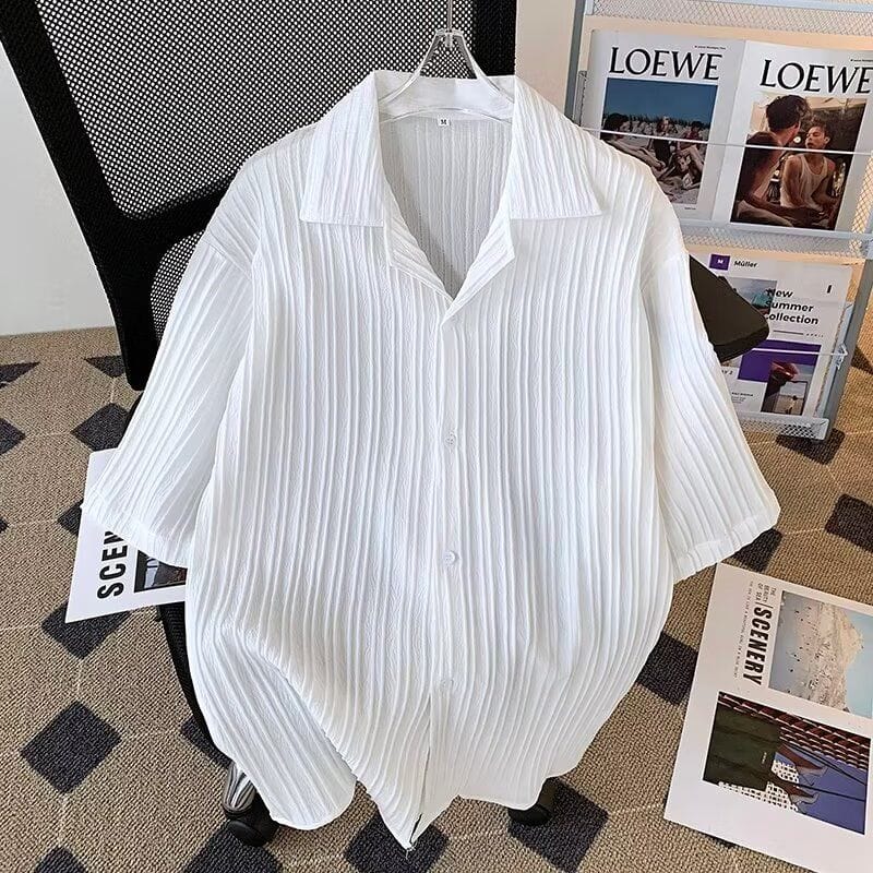 Men's 2024 Summer New Spliced Polo Collar Button Screw Thread Fashion Solid Colo Loose and Versatile Casual Short Sleeves Shirts