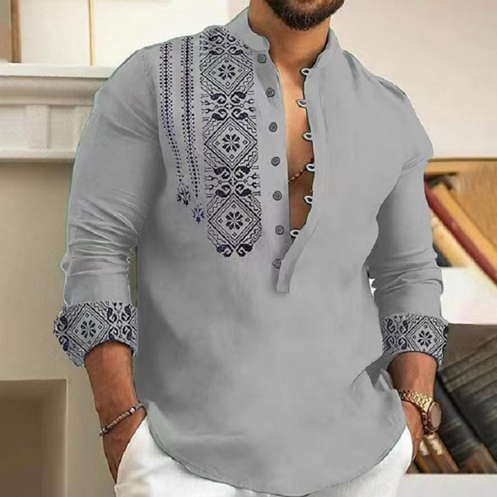 Fall Men Shirt Regular Fit Men Shirt Ethnic Style Men's Office Top Vintage Print Slim Fit Stand Collar Soft Breathable for Fall