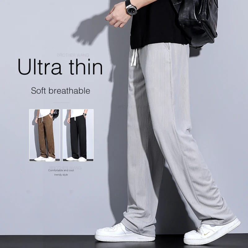 Summer Spring Ultra-thin Ice Silk Men's Casual Pants Soft Breathable Elastic Drawstring Jogging Loose Trouser