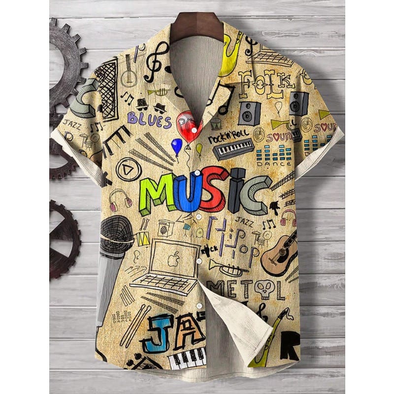 Men's Musical Notes Class Old Art Casual Shirt Summer Hipster Button Down Shirts Holiday Hip Hop Streetwear Beach Hawaiian Shirt