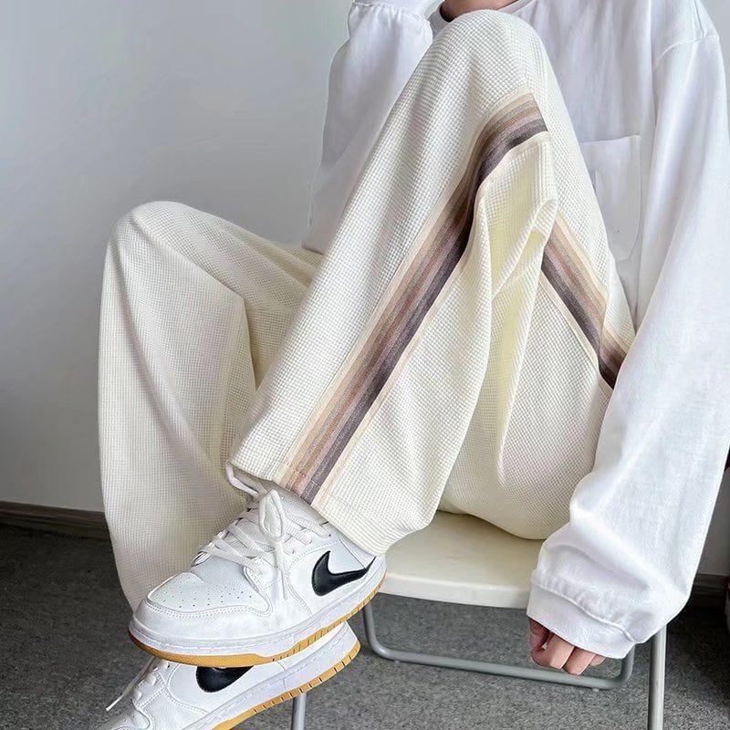 Waffle Pants High Street Ins Tide Brand Stitching Striped Sweat Pants Men's Loose Wide-leg Pants Oversize Mopping Pants