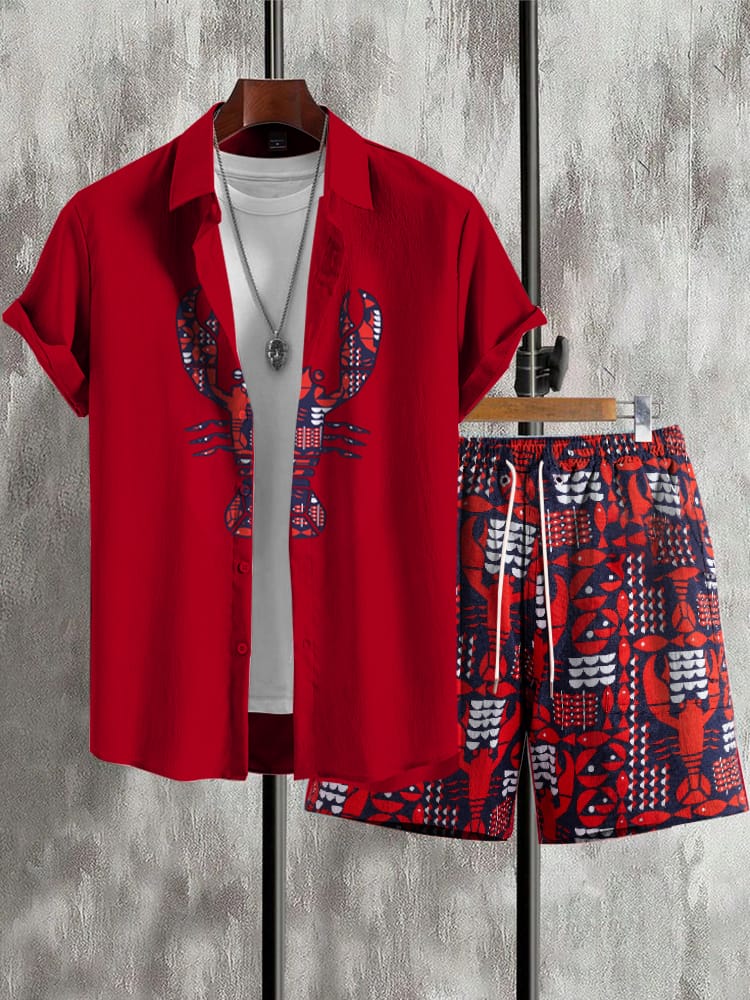 Marine Animal Shrim Print Men's Short Sleeve Shirt And Shorts Set 2pcs Summer Beach Wear Set Hawaiian T-shirt Set Casual Fashion