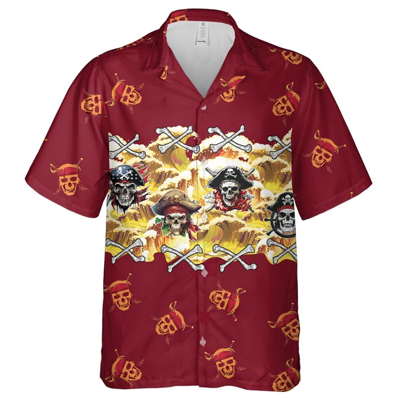 Men's Hawaiian Skeleton Pirate Captain Storm Sailing Cartoon Skull Print Shirt Short Sleeve Shirt Summer Loose Beach Shirts Tops