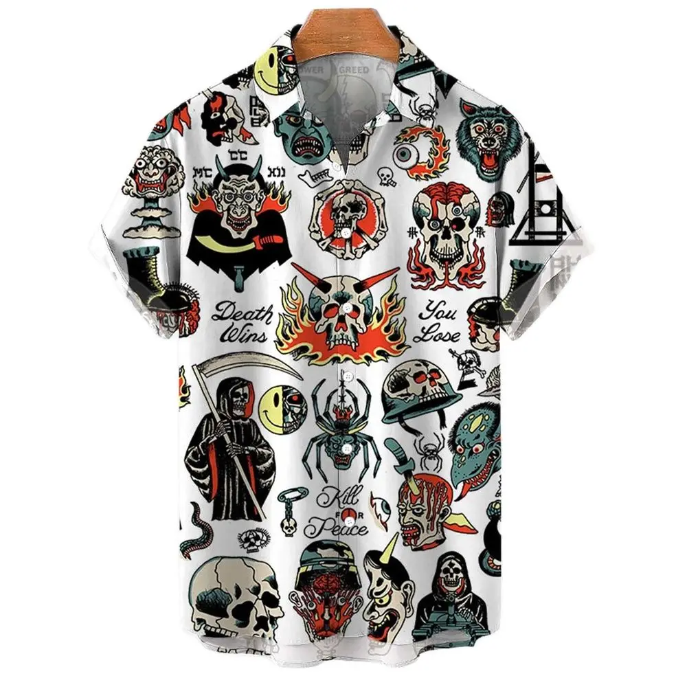 Skull 3d Hawaiian Shirts for Man Loose Breathable Summer Casual Men's Shirts Streetwear Beach Male Blouse Eu Size Short Sleeves
