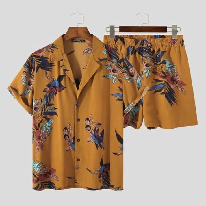 Men's Short Sleeved Shirt Set Summer Plant Print Beach Short Sleeved Shirt Shorts Casual Hawaii Two-Piece Set MB5-MA4