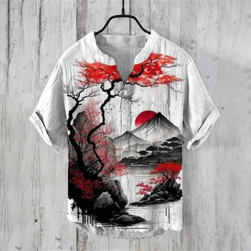 Thick ink landscape printed men's V-neck shirt short sleeved linen shirt casual party personalized top direct sales