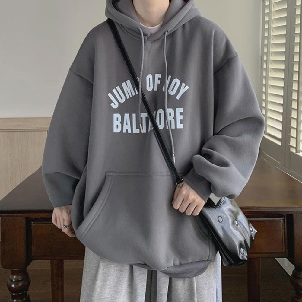 Men Hooded Top Men's Retro Letter Print Hoodie with Big Patch Pocket Elastic Cuff Drawstring Thick Warm Pullover for Fall Winter