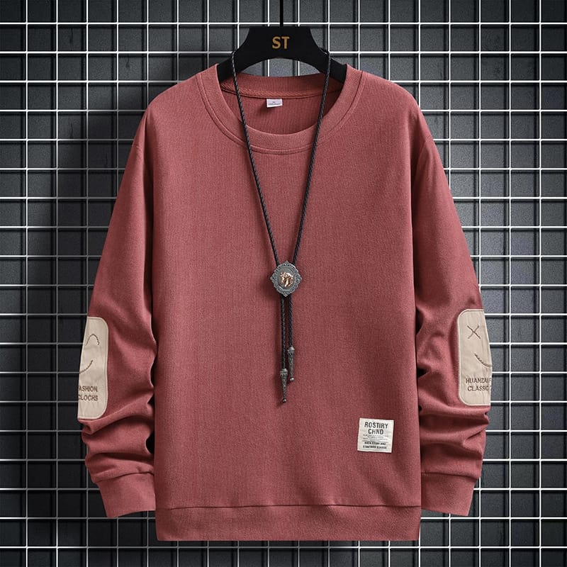 Autumn Winter Men's Patchwork Printed Smiling Face Trendy Fashion Round Neck Hoodie Solid Color Long Sleeve Pullover Bottom Tops