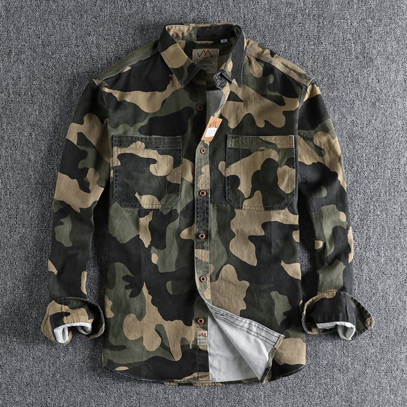 Spring Fall Fashion Multi Pocket Camouflage Print Shirt Men's Long Sleeve Loose Casual Daily Tops Vintage  Style Blouses