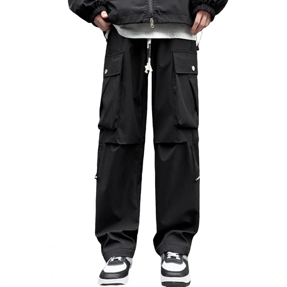 Men Drawstring Waist Pants Men Casual Pants High Street Style Men's Cargo Pants with Wide Leg Multi Pockets Solid for Daily
