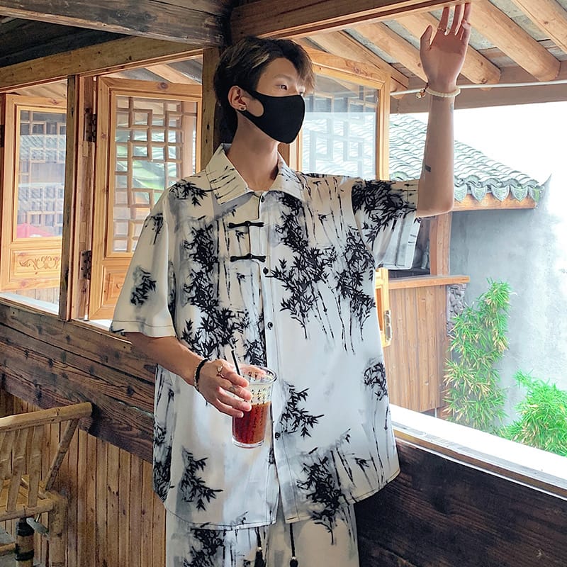 Bamboos Pattern Men's Seasonal Hawaiian Single Button Turn Down Collar Short Sleeve Shirt Beach Clothing Unisex Clothing M-5XL