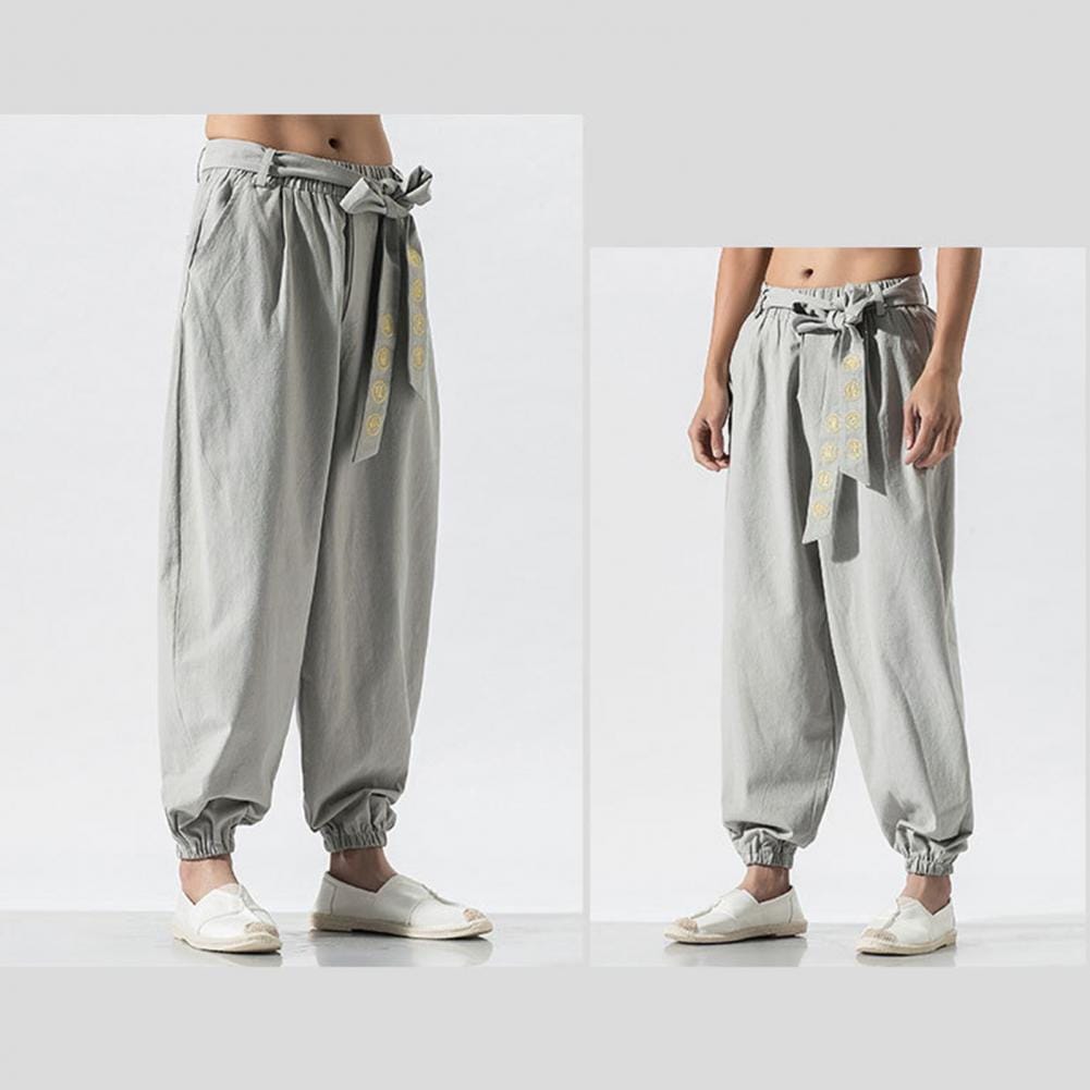Elastic Waistband Pants Men's Retro Chinese Style Harem Pants with Embroidery Detail Elastic Waist Loose Fit Ankle-banded for A