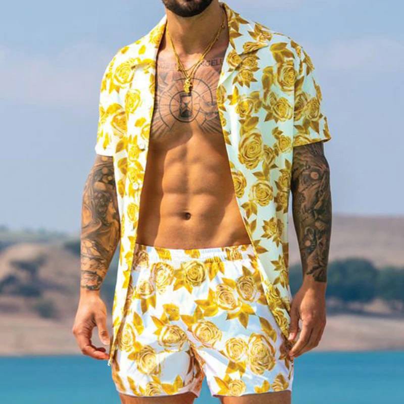 2022 Hawaiian Beach Casual Men's Clothes Suit Oversized Summer T Shirt Set Coconut Tree Printed Turn-Down Collar Tee Top Outfits