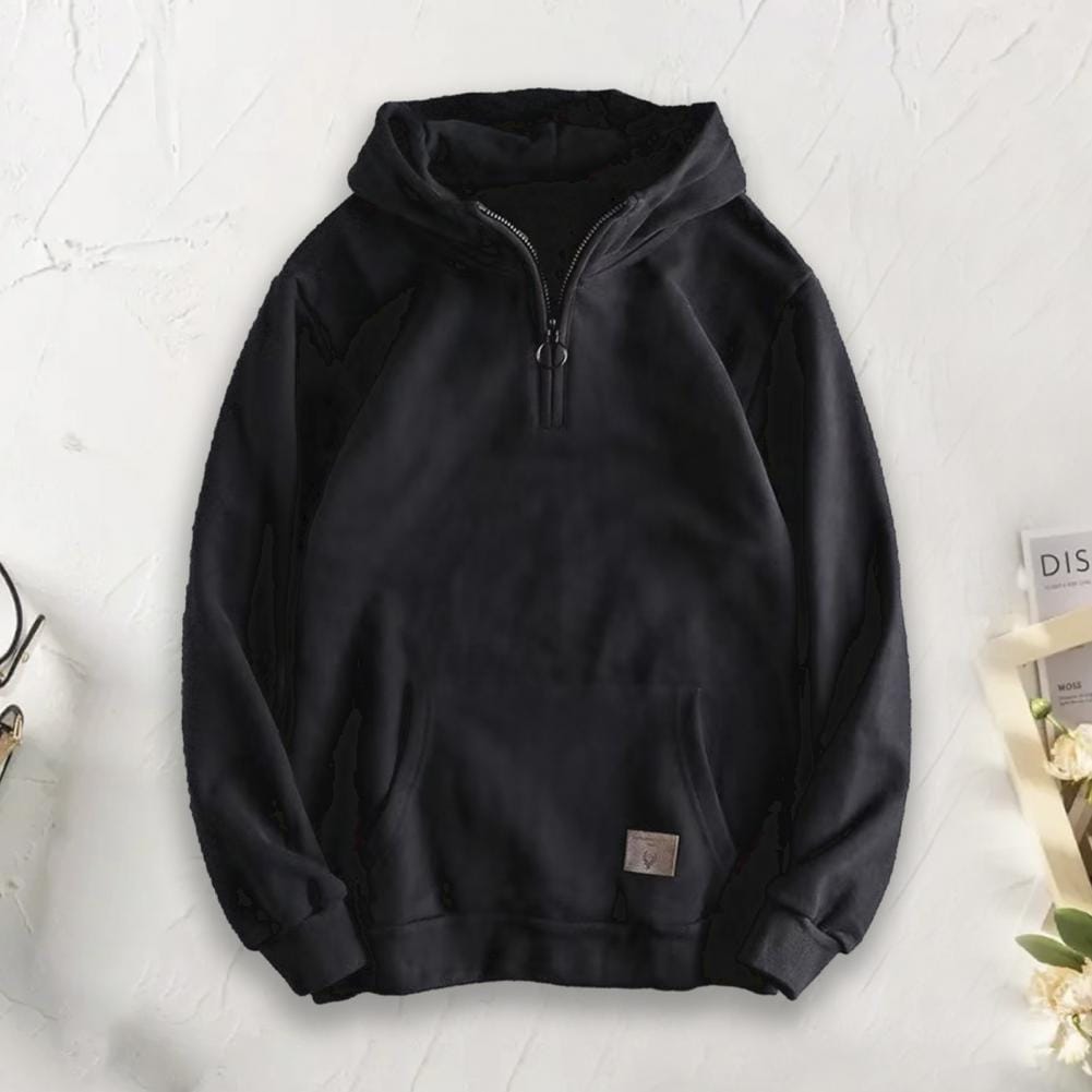 Solid Color Hooded Sweatshirt Men's Thickened Hooded Zipper Hoodie with Big Pocket Elastic Cuff for Autumn Winter Streetwear