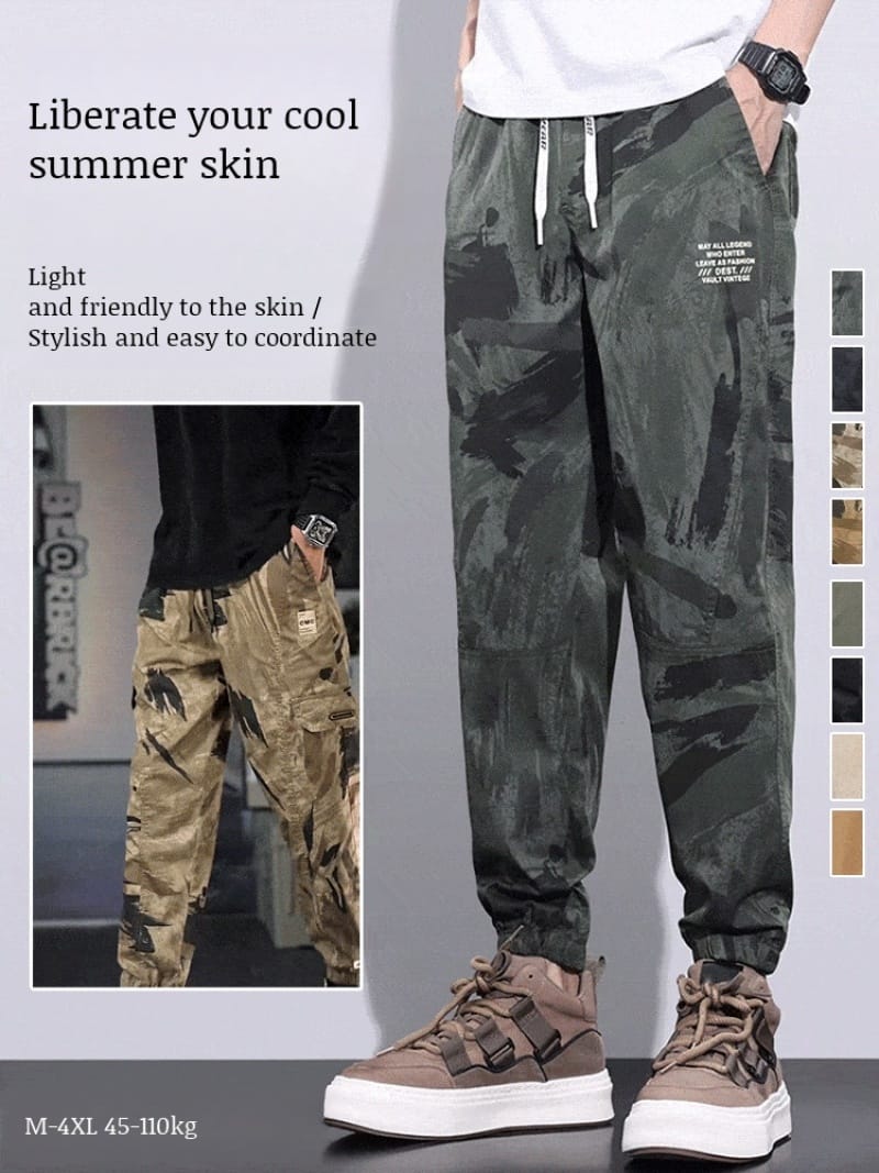 Men's Camouflage Pants Summer Thin Quick Dry Tech Ice Silk Drawstring Casual Pants