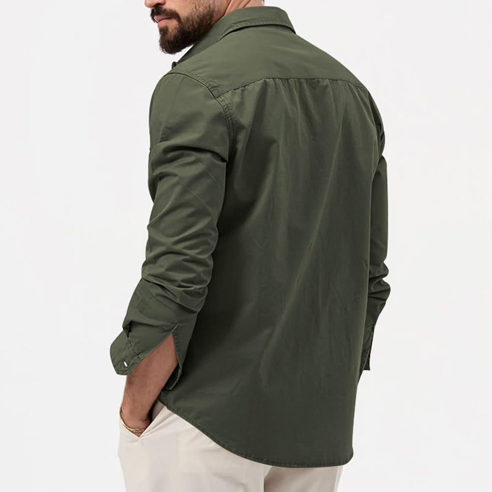 Casual Men's Shirts And Blouse Solid Color Pockets Single Breasted Long Sleeve Lapel Cargo Shirt Outwear Tops Clothing