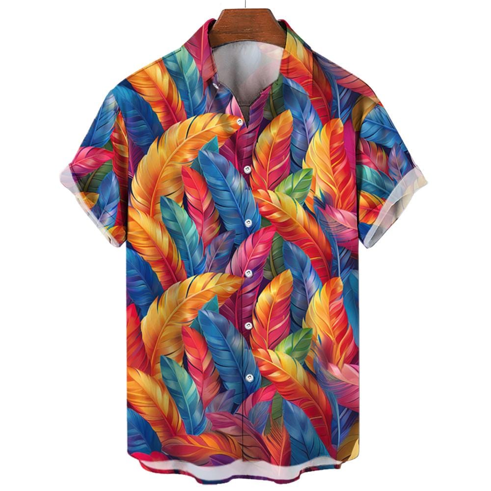 Summer Hawaiian Shirts Casual Men's Shirts Feather Print Shirts for Men Lapel Short Sleeve Men's Clothing Loose Oversized Tops