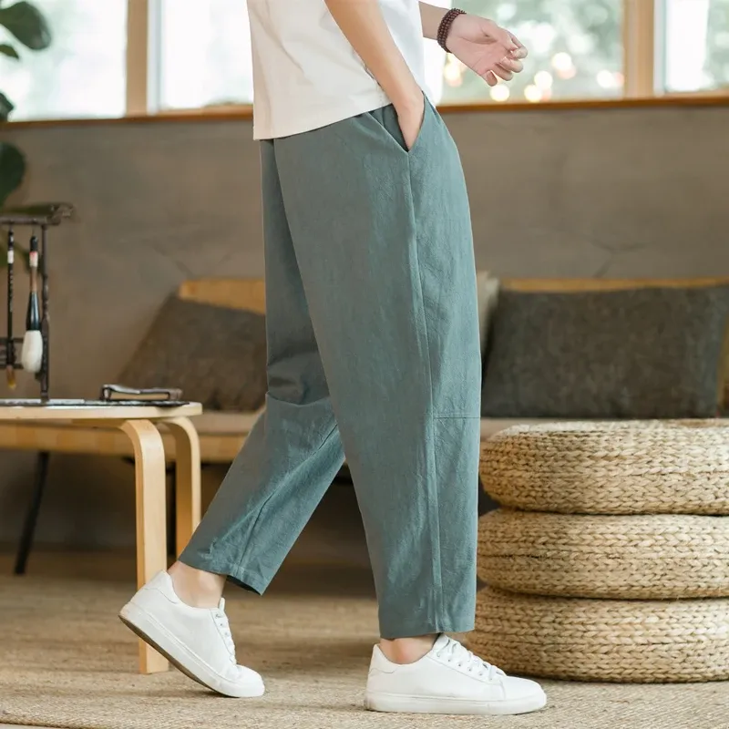 Summer Men's Trousers Cotton Linen Fashion Casual Pants Solid Color Breathable Loose Shorts Straight Pants Streetwear