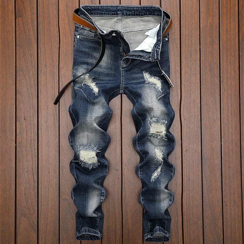 Men's Ripped Denim Jeans Mid-Waist Slim Stretch Hip Hop Pants High Street Fashion Motorcycle Style Men's Casual Clothing