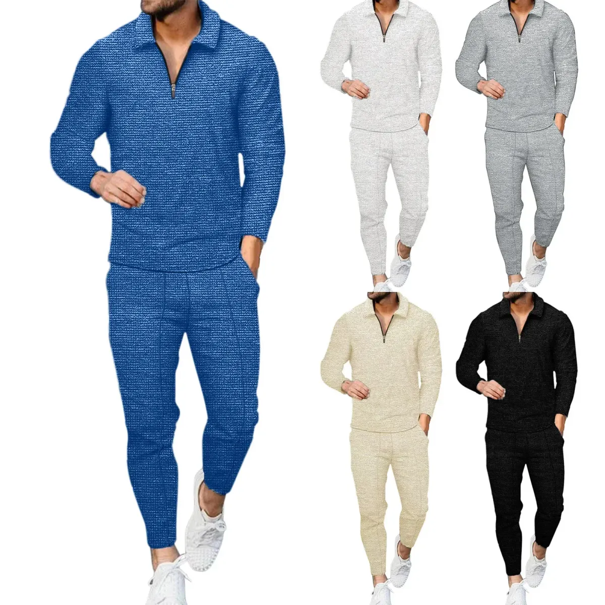 2024 Men's Solid Casual Long Sleeve Polo Shirt + Pants Sets 2PCS Zipper V-neck Two Pieces Tracksuits Male Slim Sportwear Outfits