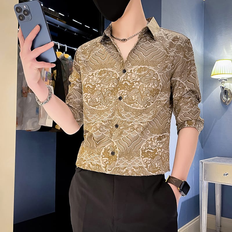 Luxury Half-sleeved Men's Shirts Streetwear Retro Print Button Slim Men Casual Shirt Summer Fashion Club Party Camisa Masculina