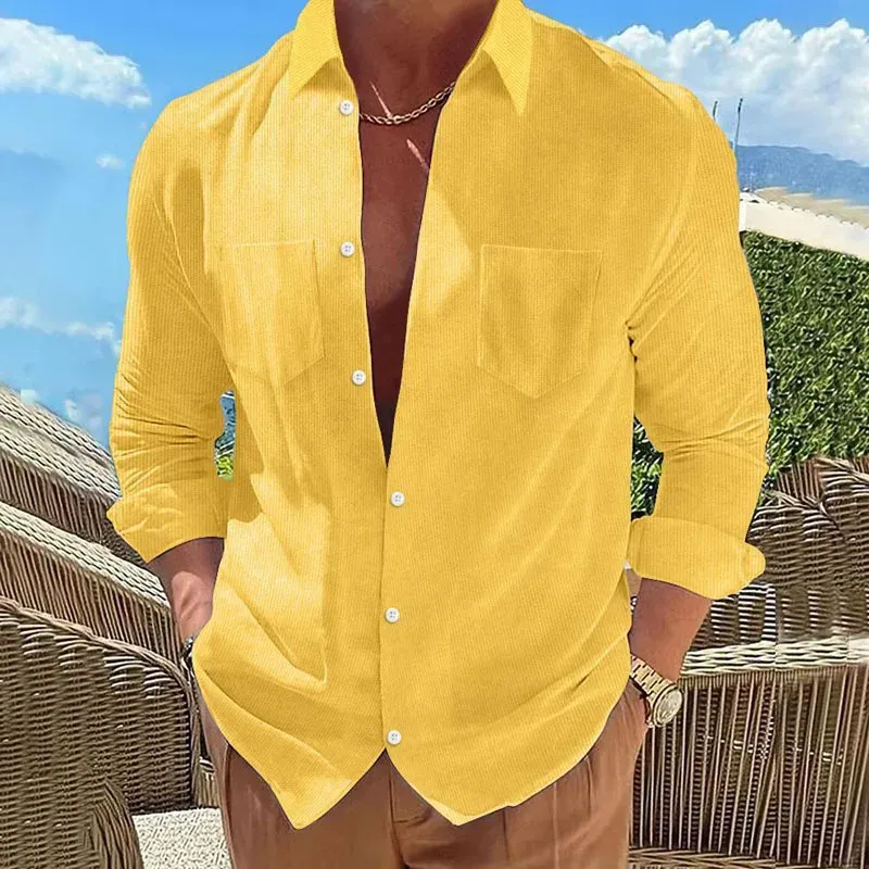 Leisure Solid Color Loose Shirts Men Long Sleeve Button Turn-down Collar Casual Shirt Tops Autumn Men's Clothing Vintage Shirts