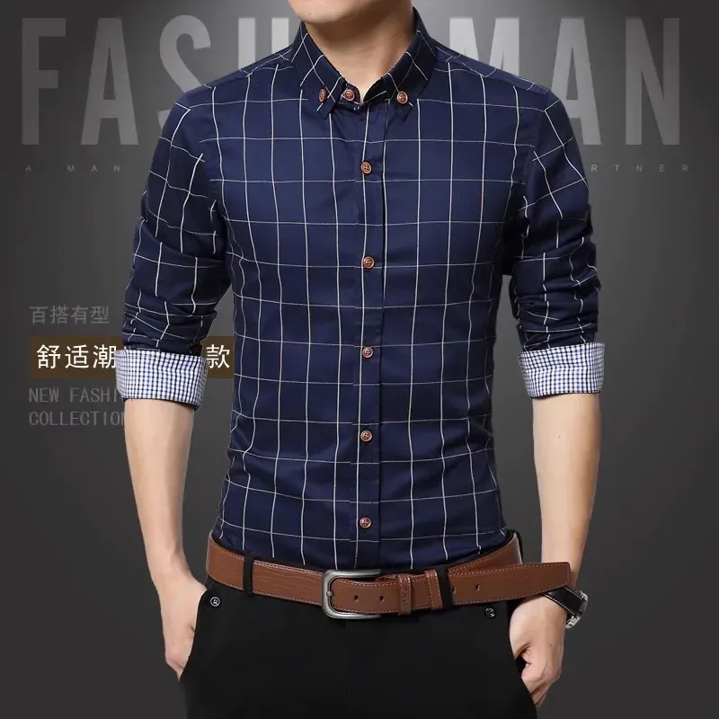 2023 Spring Men's Plaid Cotton Dress Shirts Male High Quality Long Sleeve Slim Fit Business Casual Shirt Plus Size 5XL