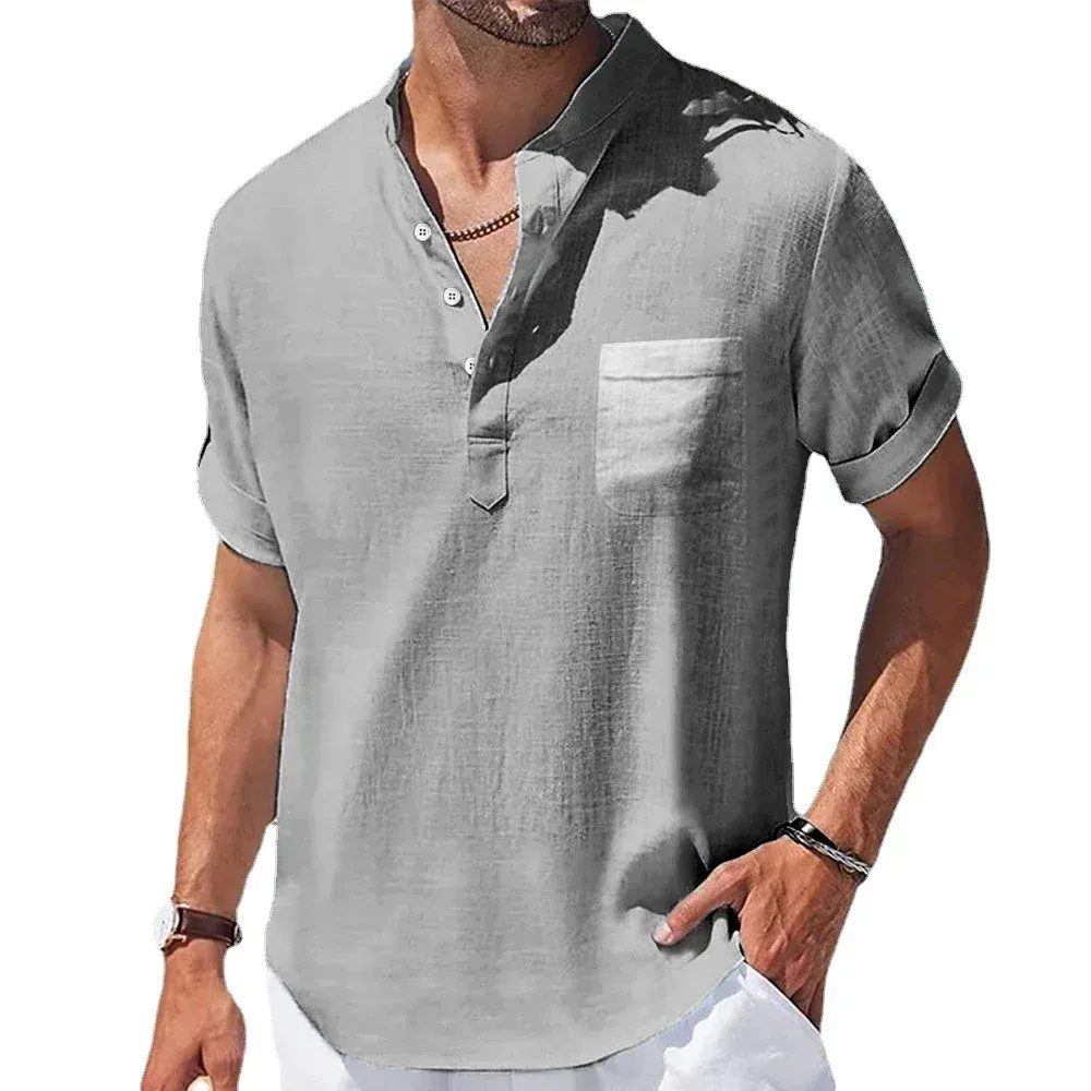 New Men's Casual Stand Up Collar Summer Solid Color Short Sleeve Linen Shirt Breathable Loose  Basic Pocket Tops