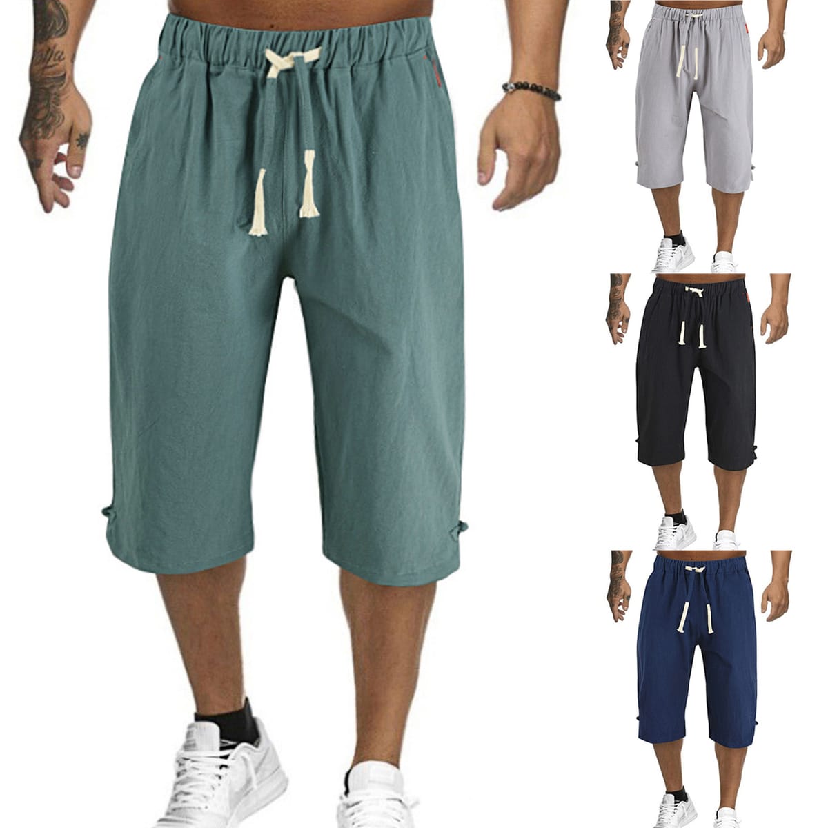 Men'S Capri Pants Summer Causal Loose Solid  Color Cotton Linen Capri Pants Drawstring Elastic Waist Straight Beach Capri Pants